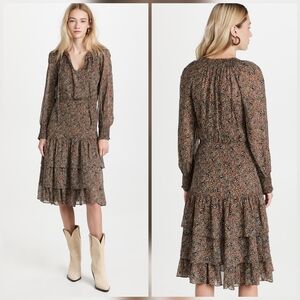 Veronica Beard Dress Womens 4 Brown Floral Paisley Tunis Tiered Long Sleeve Boho